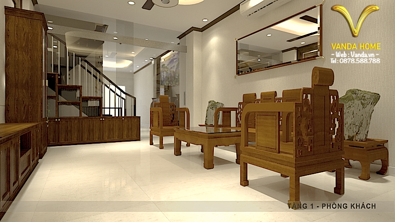 Thiết kế Nội thất Phòng khách gỗ tự nhiên, phong cách truyền thống Á Đông