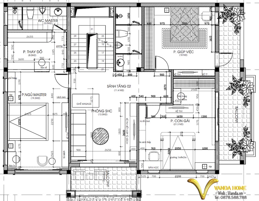 Thiết kế cải tạo Kiến trúc Biệt thự Botanica, Vinhomes Gardenia - Mặt bằng Tầng 2