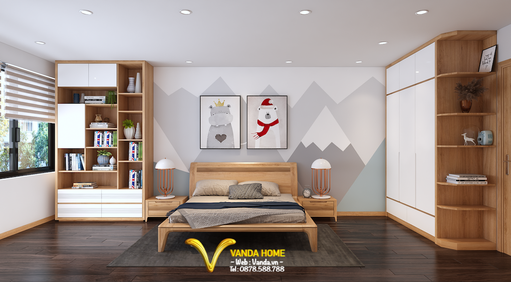 Thiết kế nội thất gỗ sồi mỹ Phòng ngủ con 