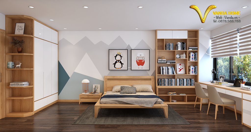 Thiết kế nội thất gỗ sồi mỹ Phòng ngủ con